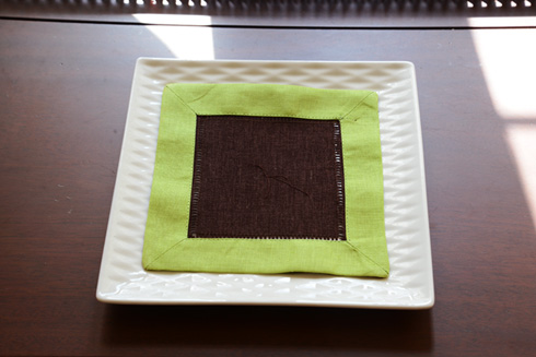 Multicolor Hemstitch Cocktail Napkin 6x6". Chocolate & Hot Green